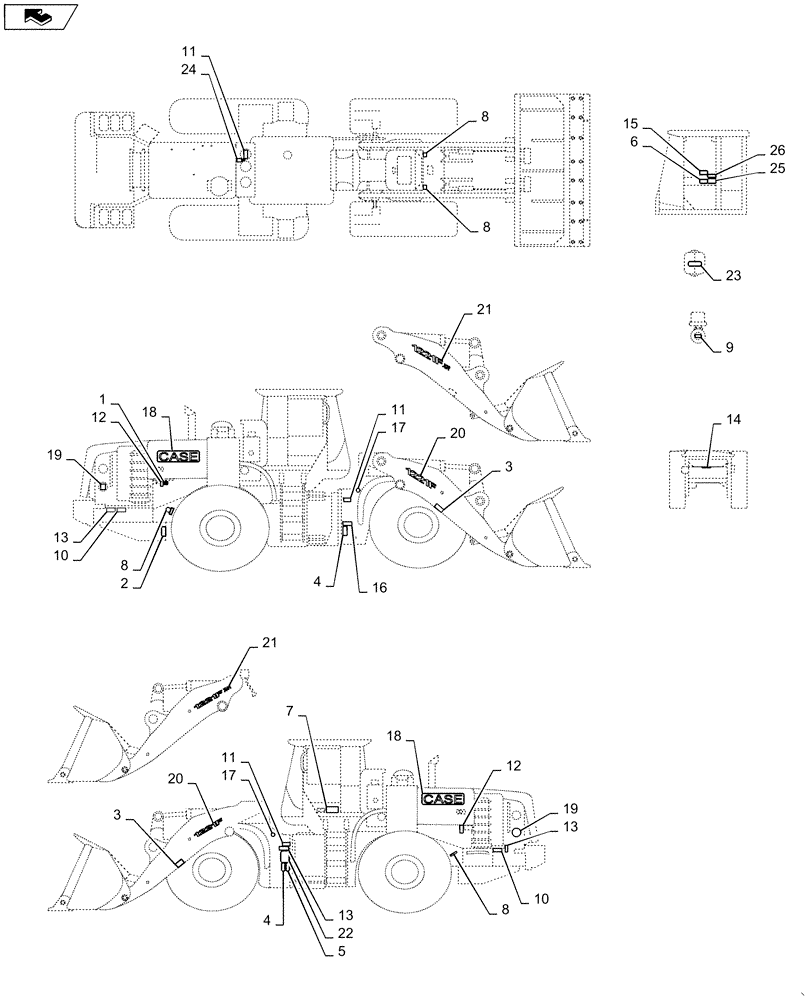 Схема запчастей Case 1221F - (90.108.AC[01]) - DECALS, SPANISH (90) - PLATFORM, CAB, BODYWORK AND DECALS