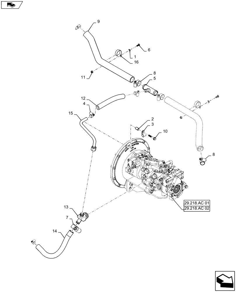 Схема запчастей Case SR210 - (29.204.AB[02]) - HYDROSTATIC PUMP, SUPPLY LINES, MECHANICAL CONTROLS (29) - HYDROSTATIC DRIVE