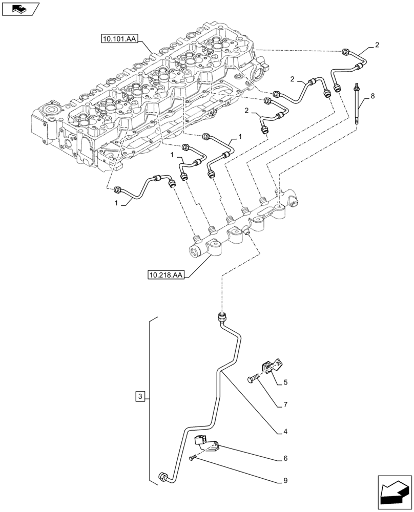 Схема запчастей Case F4HFE613F B002 - (10.218.AI[01]) - INJECTOR FUEL LINES (10) - ENGINE