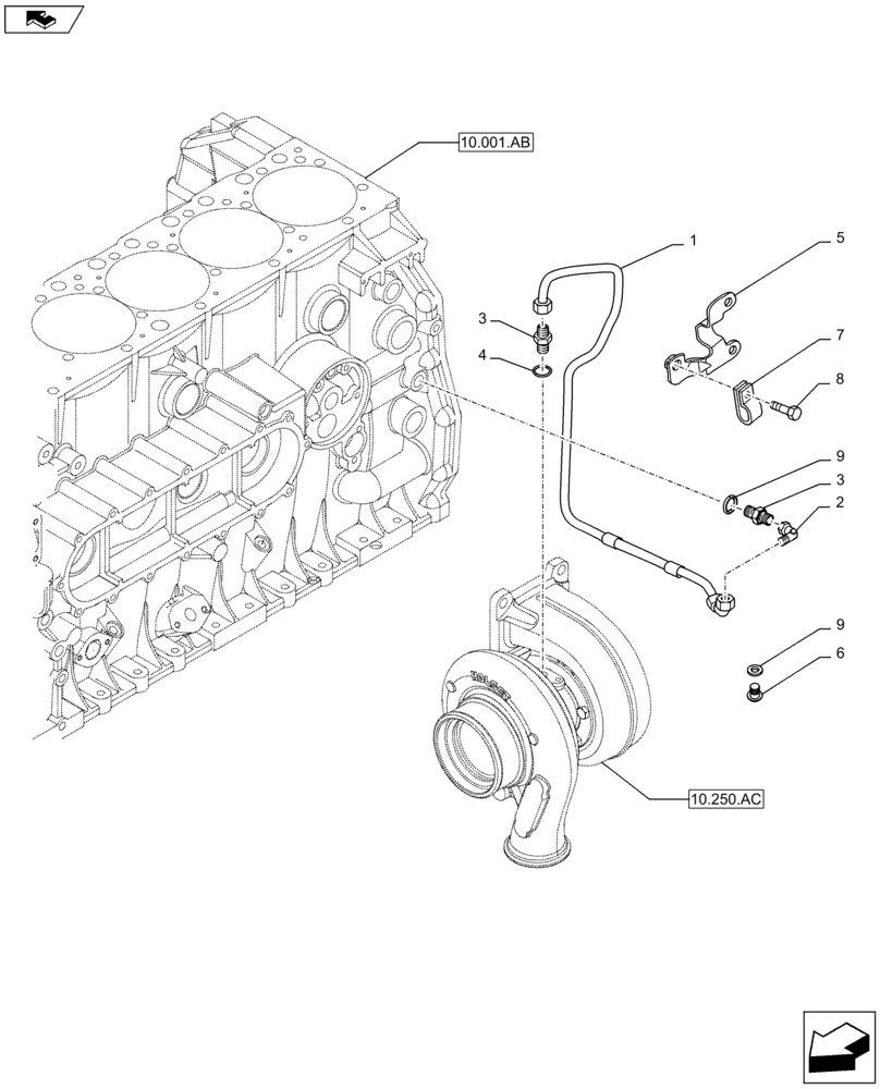 Схема запчастей Case F2CFE614A B001 - (10.250.AD) - TURBOCHARGER LUBE LINE (10) - ENGINE