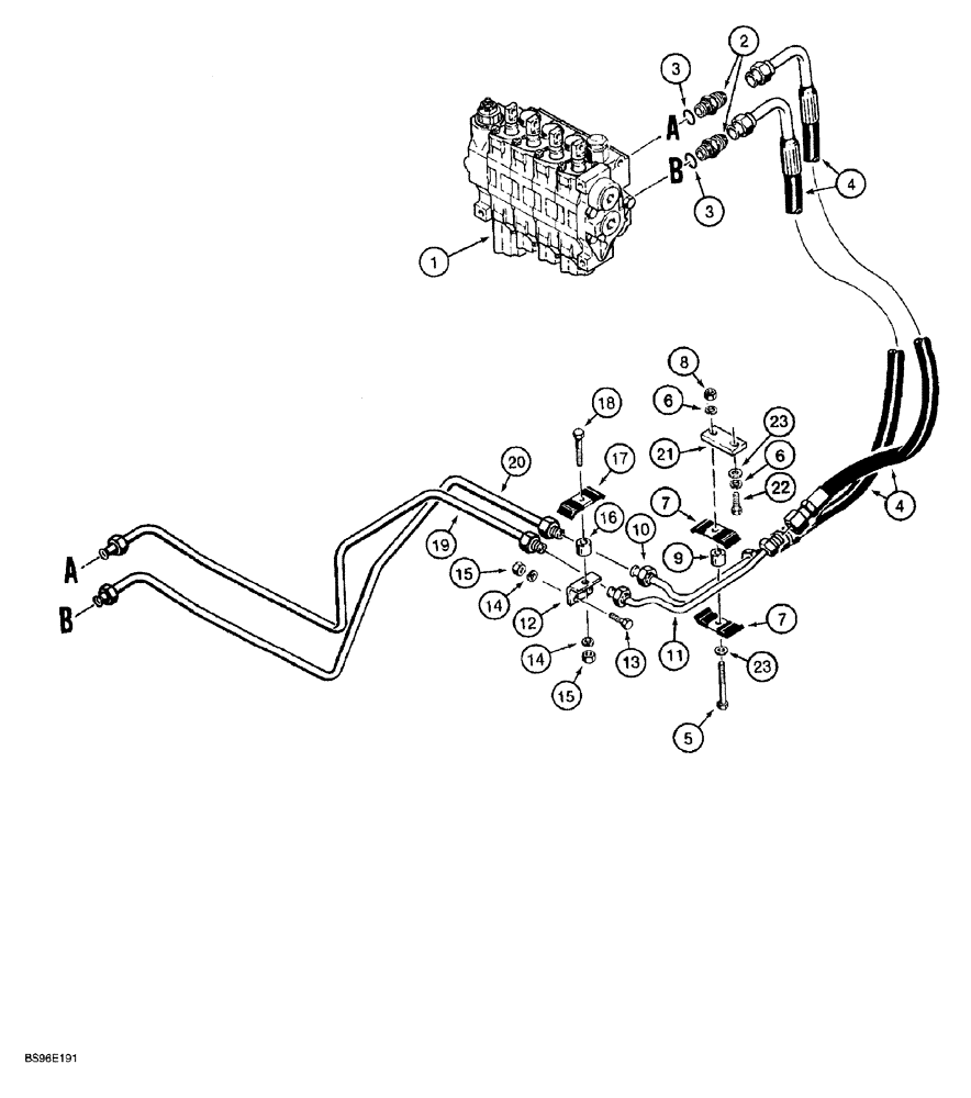 Схема запчастей Case 650G - (8-20) - RIPPER HYDRAULIC CIRCUIT - CONTROL VALVE TO REAR OF TRACTOR (08) - HYDRAULICS