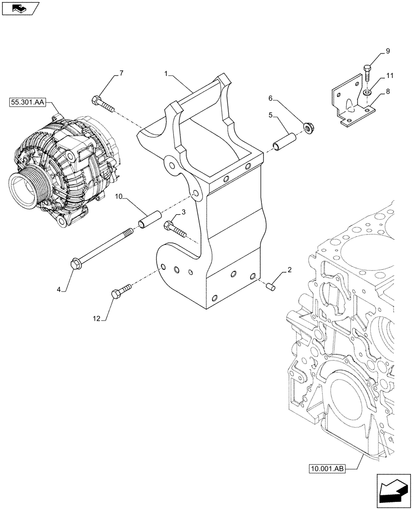 Схема запчастей Case F2CFE614A B001 - (55.301.AB) - ALTERNATOR, SUPPORT (55) - ELECTRICAL SYSTEMS