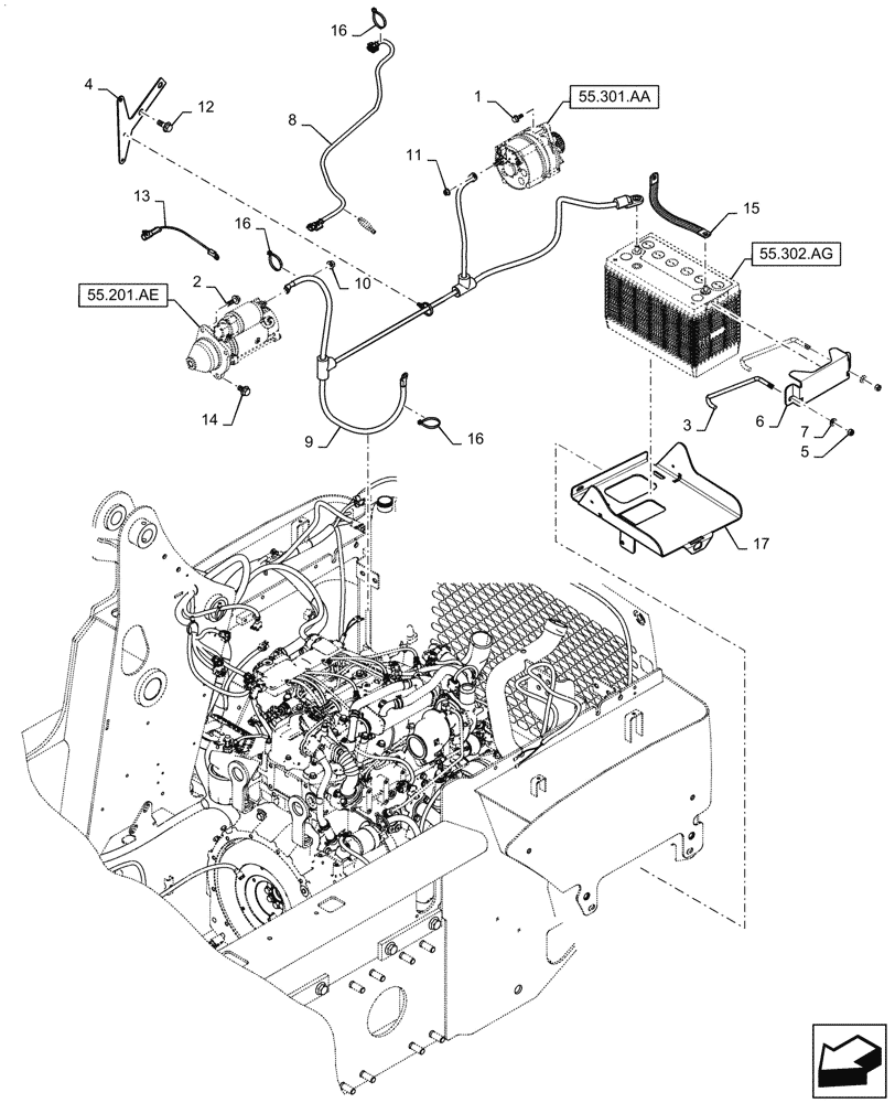 Схема запчастей Case SR210 - (55.302.AV[01]) - ENGINE ELECTRICAL (55) - ELECTRICAL SYSTEMS