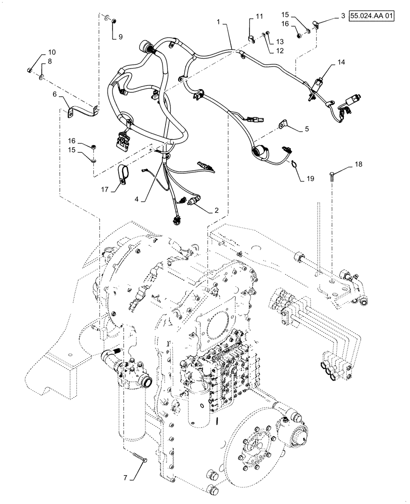 Схема запчастей Case 821F - (55.024.AA) - TRANSMISSION HARNESS INSTALLATION (55) - ELECTRICAL SYSTEMS