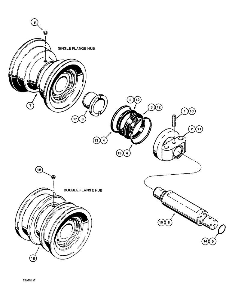 Схема запчастей Case 1150E - (5-20) - TRACK ROLLERS, R33571 (SINGLE FLANGE) & R33572 (DOUBLE FLANGE) (11) - TRACKS/STEERING