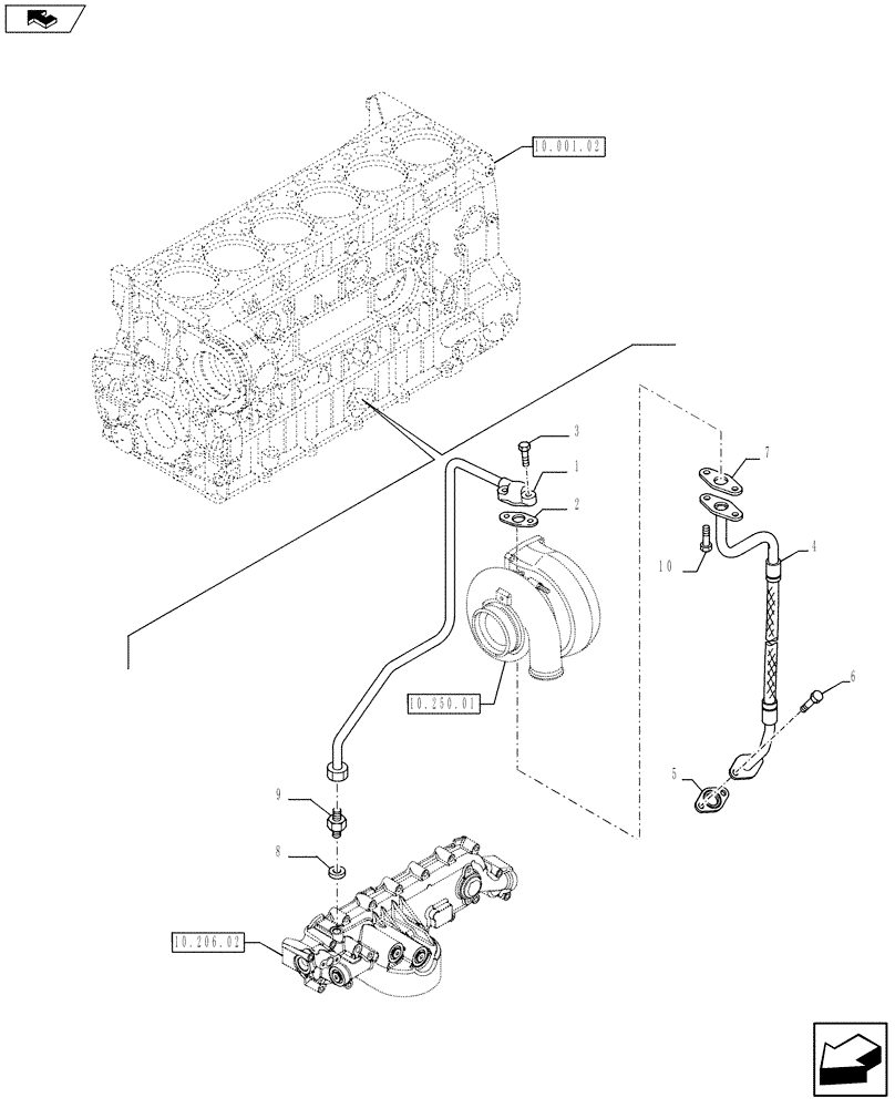 Схема запчастей Case F3BE0684N E916 - (10.250.02[01]) - PIPING - TURBOCHARGER (504365739-504053494) (10) - ENGINE