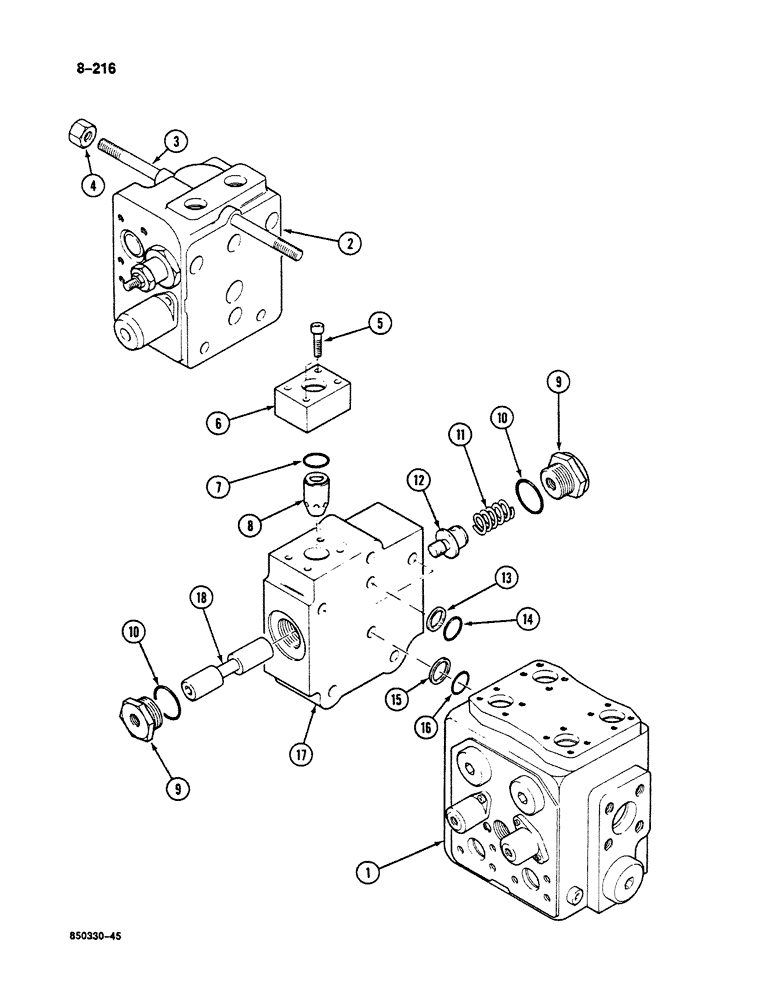 Схема запчастей Case 125B - (8-216) - SWING & DRIVE CONTROL VALVE, CENTER BLOCK, P.I.N. 74251 THRU 74963, 21801 THRU 21868, 26801 & AFT (08) - HYDRAULICS