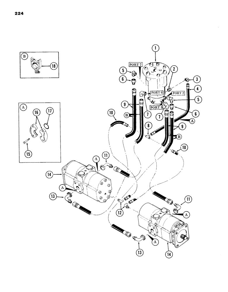 Схема запчастей Case 980B - (224) - LOWER TRACK DRIVE MOTOR TUBING AND DRAIN, (USED ON UNITS WITH PIN 6204051 AND AFTER) (04) - UNDERCARRIAGE