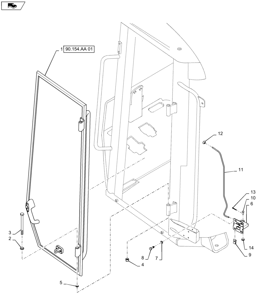 Схема запчастей Case 821F - (90.154.AA) - LEFT DOOR INSTALLATION (90) - PLATFORM, CAB, BODYWORK AND DECALS