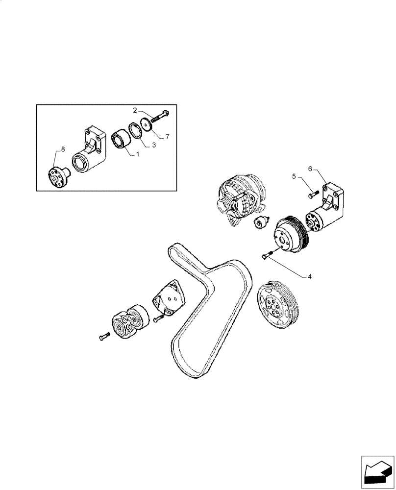 Схема запчастей Case F4DFE613K B008 - (55.301.AB) - ALTERNATOR PULLEY, BELT & BRACKET (55) - ELECTRICAL SYSTEMS