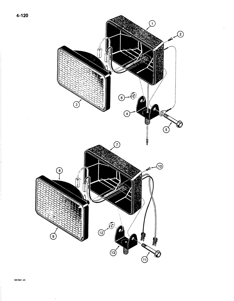 Схема запчастей Case 780C - (4-120) - TRACTOR LAMPS (HALOGEN), FRONT DRIVING AND REAR FLOOD LAMPS, USED ON MODELS W/ CAB OR CANOPY (04) - ELECTRICAL SYSTEMS