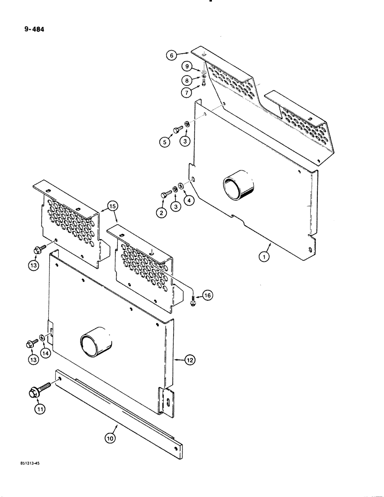 Схема запчастей Case 1450B - (9-484) - REAR TRANSMISSION GUARDS - MODELS WITH A RIPPER, USED ON MODELS W/FRONT OR REAR FILL TRANS, IF USED (09) - CHASSIS/ATTACHMENTS