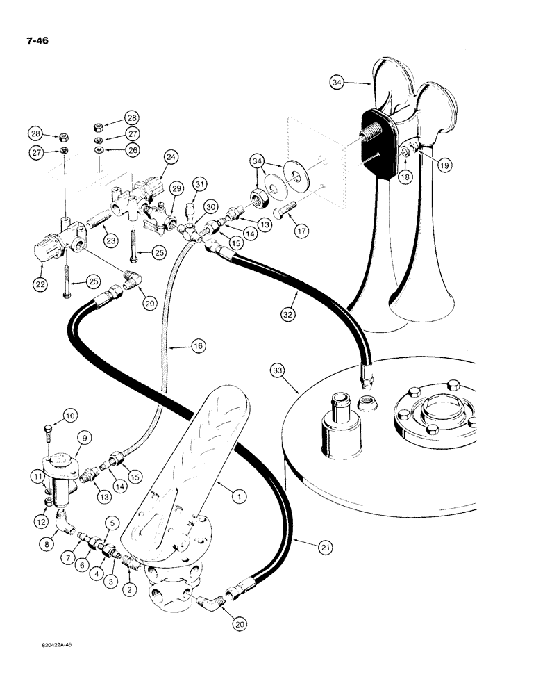 Схема запчастей Case W18B - (7-46) - BRAKE SYS., TREADLE TO HYD. RSRVOIR & HORN, USED BEF. W18B P.I.N. 9152103 & BEF. W20C P.I.N. 9152331 (07) - BRAKES