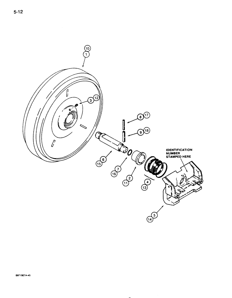 Схема запчастей Case 855D - (5-12) - IDLER ASSEMBLY, SHAFT RETAINED BY ROLL PINS (11) - TRACKS/STEERING