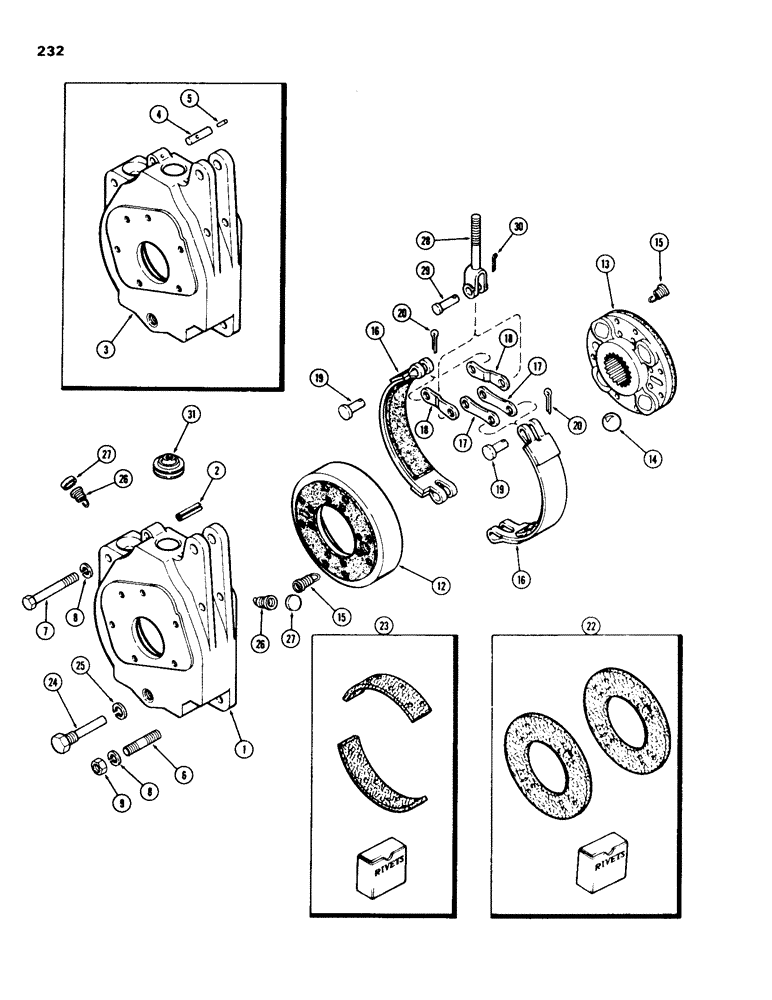 Схема запчастей Case 580C - (232) - DIFFERENTIAL BRAKE HOUSING AND BRAKE, TRANSAXLE (07) - BRAKES