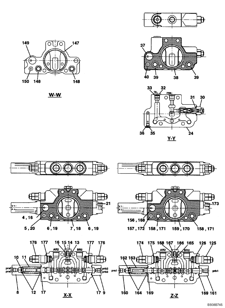 Схема запчастей Case CX80 - (08-66) - CONTROL VALVE - 2ND OPTION - (KAJ5077) 7 OF 8 (08) - HYDRAULICS