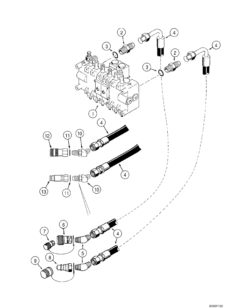 Схема запчастей Case 1845C - (08-51) - HYDRAULIC SYSTEM - BACKHOE SUPPLY AND RETURN (NORTH AMERICA), D125 (08) - HYDRAULICS