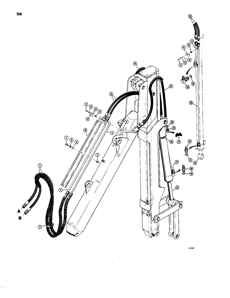 Схема запчастей Case 26 - (056) - HYDRAULIC EXTENDABLE DIPPER, THREE FOOT EXTENSION HYDRAULICS, BACKHOE SERIAL NO. 5224733 AND AFTER 