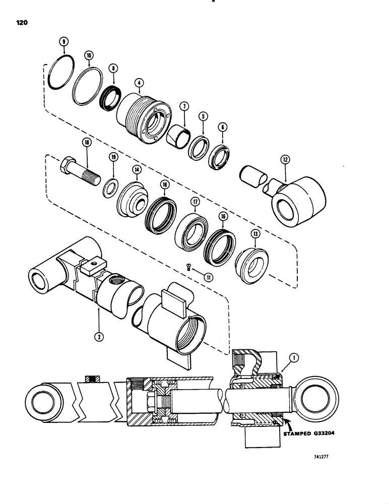 Схема запчастей Case 26C - (120) - G33204 DIPPER EXTENSION CYLINDER, WITH TWO PIECE PISTON, GLAND IS STAMPED WITH CYLINDER PART NUMBER 