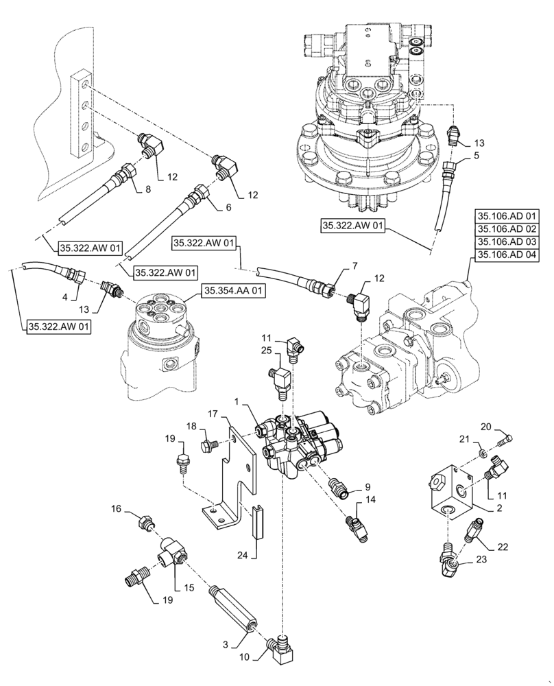 Схема запчастей Case CX55B - (35.322.AW[02]) - CONTROL, LINES, VALVE (35) - HYDRAULIC SYSTEMS