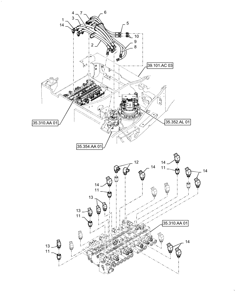 Схема запчастей Case CX55B - (35.359.AE[07]) - HYD LINES, UPPER (35) - HYDRAULIC SYSTEMS