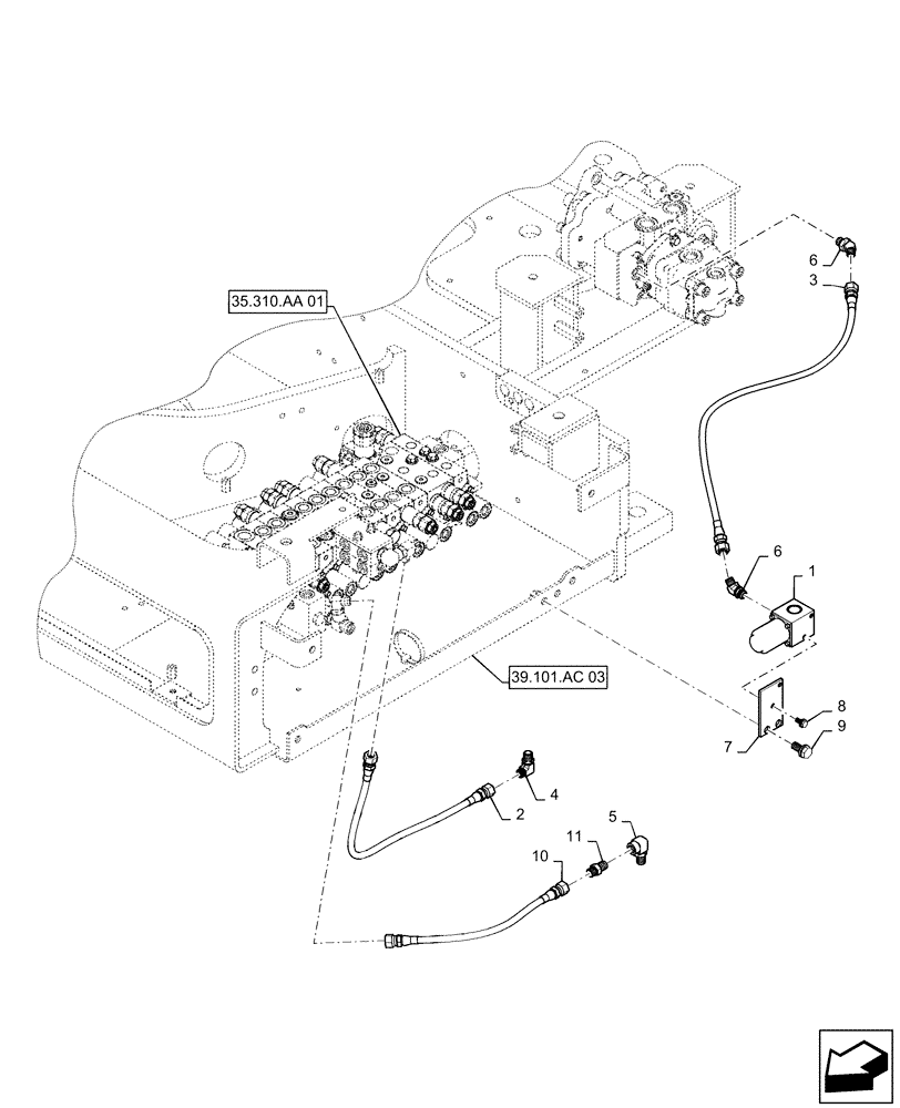 Схема запчастей Case CX55B - (35.322.AW[03]) - CONTROL, LINES, VALVE, CAB (35) - HYDRAULIC SYSTEMS