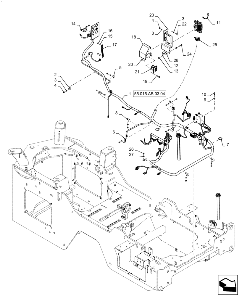 Схема запчастей Case 821F - (55.015.AB) - ENGINE AND REAR CHASSIS HARNESS INSTALLATION (55) - ELECTRICAL SYSTEMS