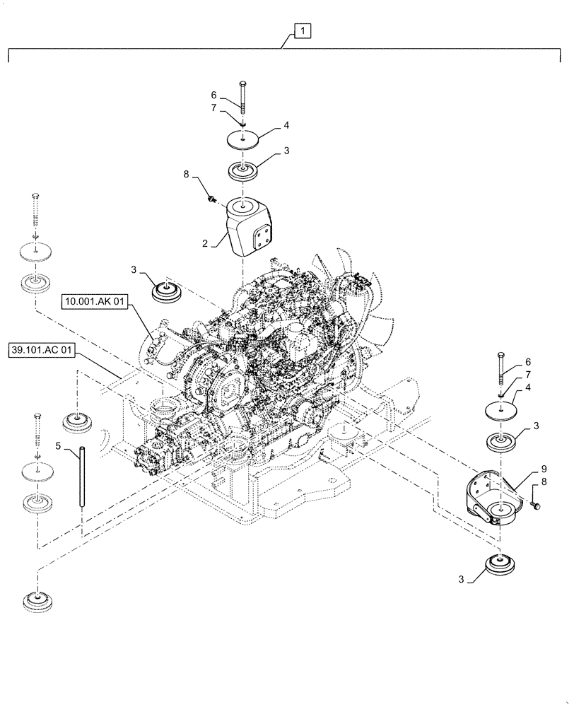 Схема запчастей Case CX55B - (10.001.AK[02]) - ENGINE MOUNT, CANOPY (10) - ENGINE