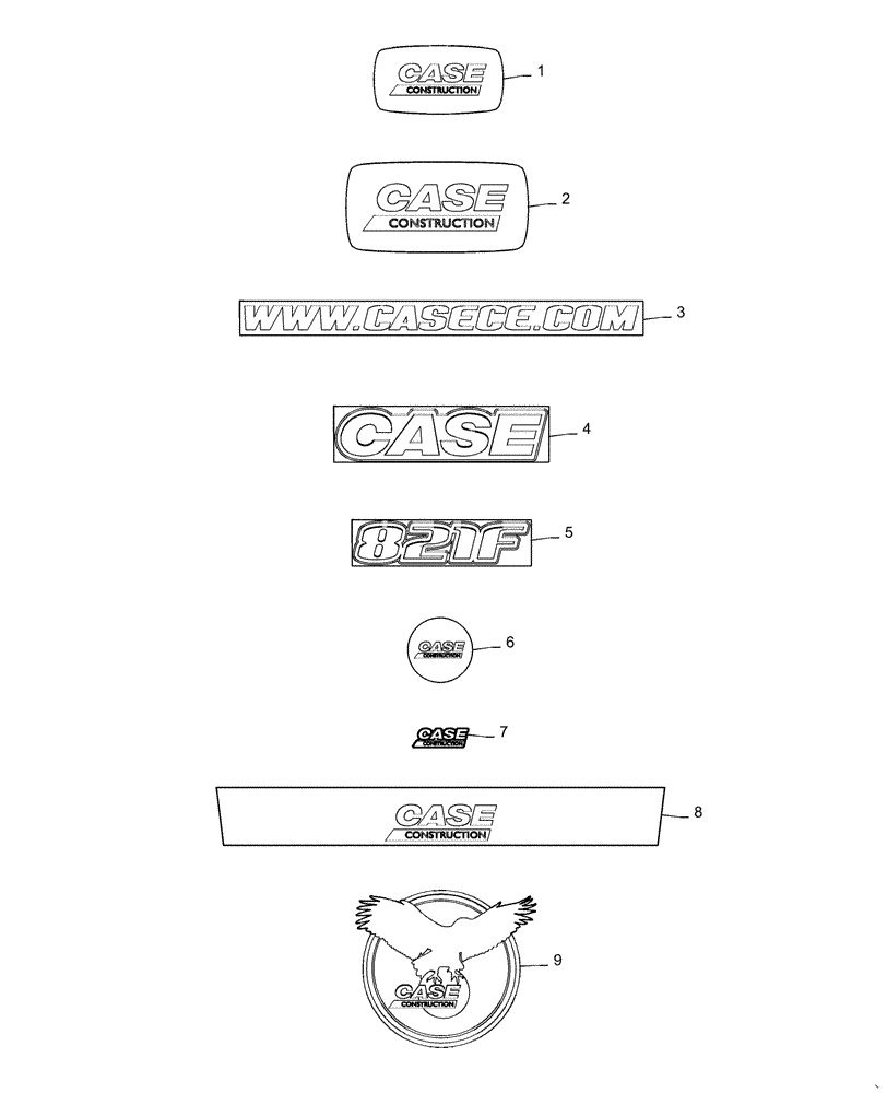 Схема запчастей Case 821F - (90.108.AB) - BRAND AND MODEL DECALS (90) - PLATFORM, CAB, BODYWORK AND DECALS