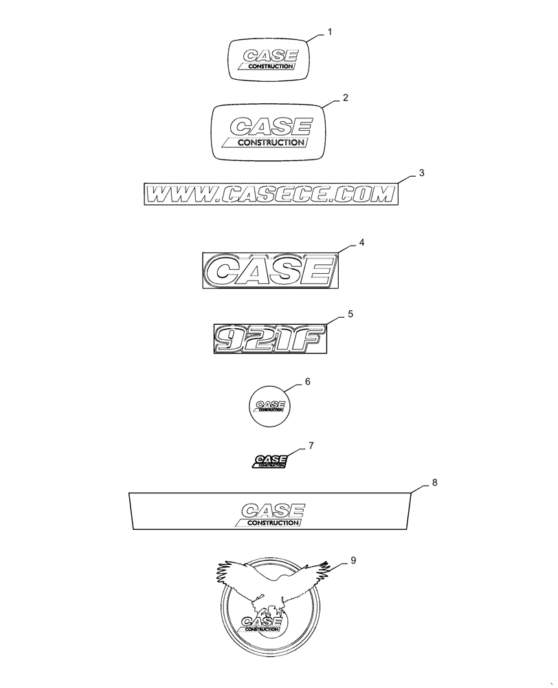 Схема запчастей Case 921F - (90.108.AB) - BRAND AND MODEL DECALS (90) - PLATFORM, CAB, BODYWORK AND DECALS