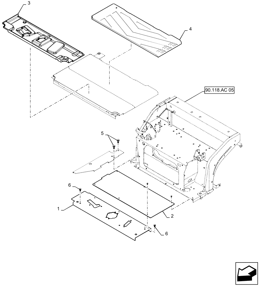 Схема запчастей Case CX55B - (90.118.CB[01]) - PLATE GROUP, FLOOR, CANOPY (90) - PLATFORM, CAB, BODYWORK AND DECALS