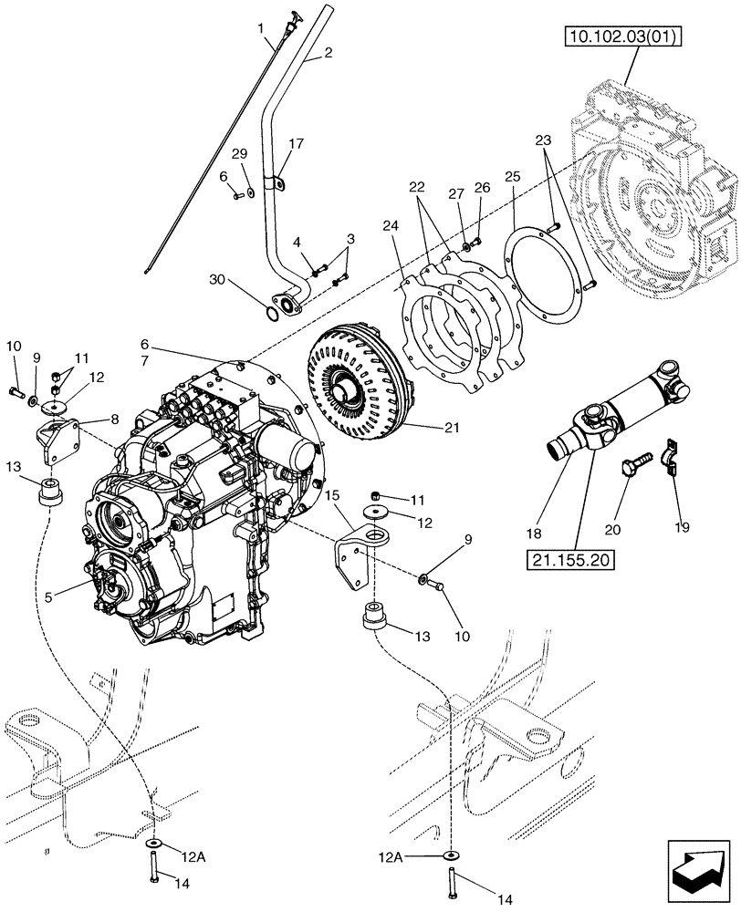 Схема запчастей Case 580SM - (21.113.01[03]) - TRANSMISSION - MOUNTING (MODELS WITH POWERSHIFT) (21) - TRANSMISSION