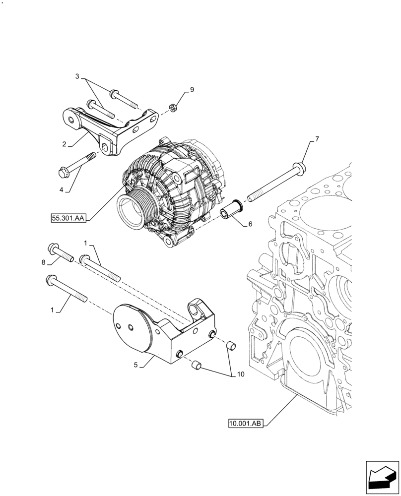 Схема запчастей Case F2CFA614A E010 - (55.301.AB) - ALTERNATOR, SUPPORT (55) - ELECTRICAL SYSTEMS