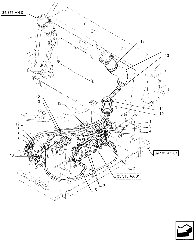 Схема запчастей Case CX55B - (35.355.AD[03]) - CONTROL, LINES, REMOTE (BHL MULTI) (35) - HYDRAULIC SYSTEMS