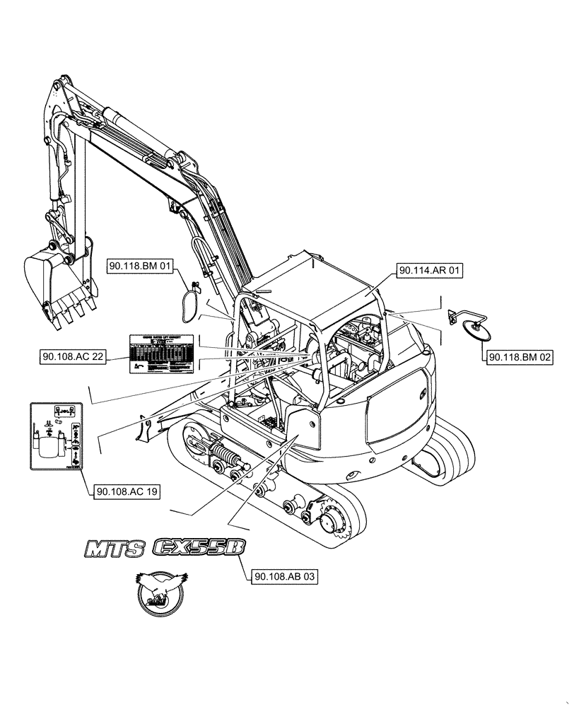 Схема запчастей Case CX55B - (90.000.00[03]) - SECTION INDEX - PLATFORM, CAB, BODYWORK AND DECALS (90) - PLATFORM, CAB, BODYWORK AND DECALS