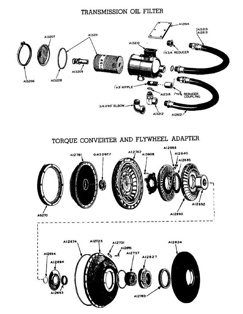 Схема запчастей Case W9 - (074) - TRANSMISSION OIL FILTER, TORQUE CONVERTER AND FLYWHEEL (06) - POWER TRAIN