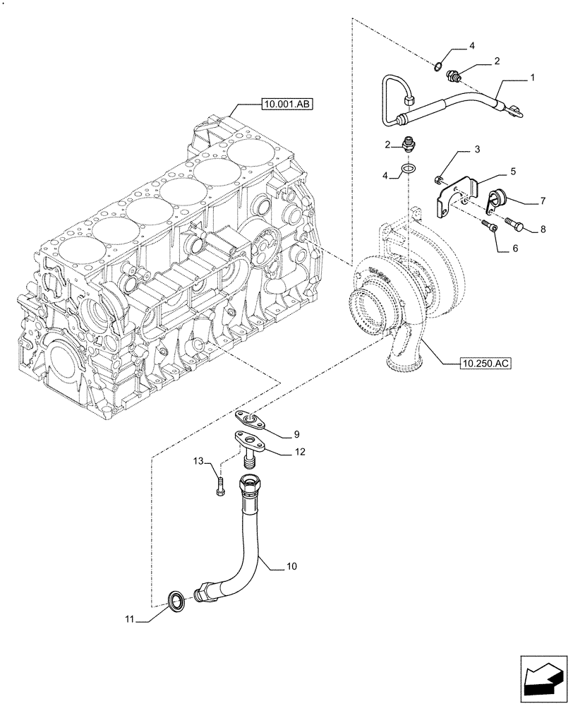 Схема запчастей Case F2CFE614F B004 - (10.250.AD) - TURBOCHARGER, OIL LINE (10) - ENGINE