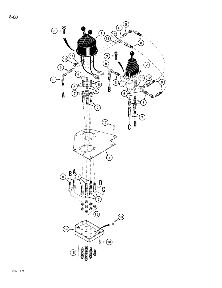 Схема запчастей Case 721 - (8-60) - REMOTE LOADER CONTROL CIRCUIT, THREE LEVERS WITH THREE SPOOL VALVE (08) - HYDRAULICS