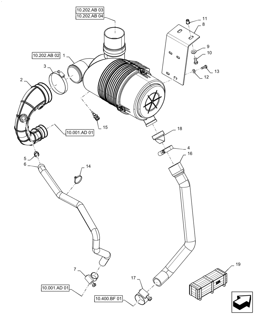 Схема запчастей Case 588H - (10.202.AB[01]) - AIR CLEANER - AIR INTAKE PARTS (10) - ENGINE