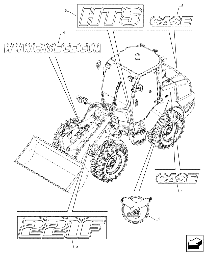 Схема запчастей Case 221F - (90.108.AB[01]) - DECALS, MODEL - END SN NGHP00538 (90) - PLATFORM, CAB, BODYWORK AND DECALS