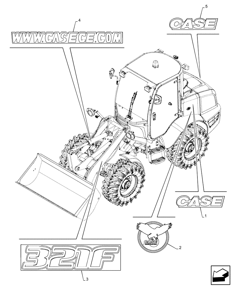 Схема запчастей Case 321F - (90.108.AB[01]) - DECALS, MODEL - END SN NGHP00538 (90) - PLATFORM, CAB, BODYWORK AND DECALS