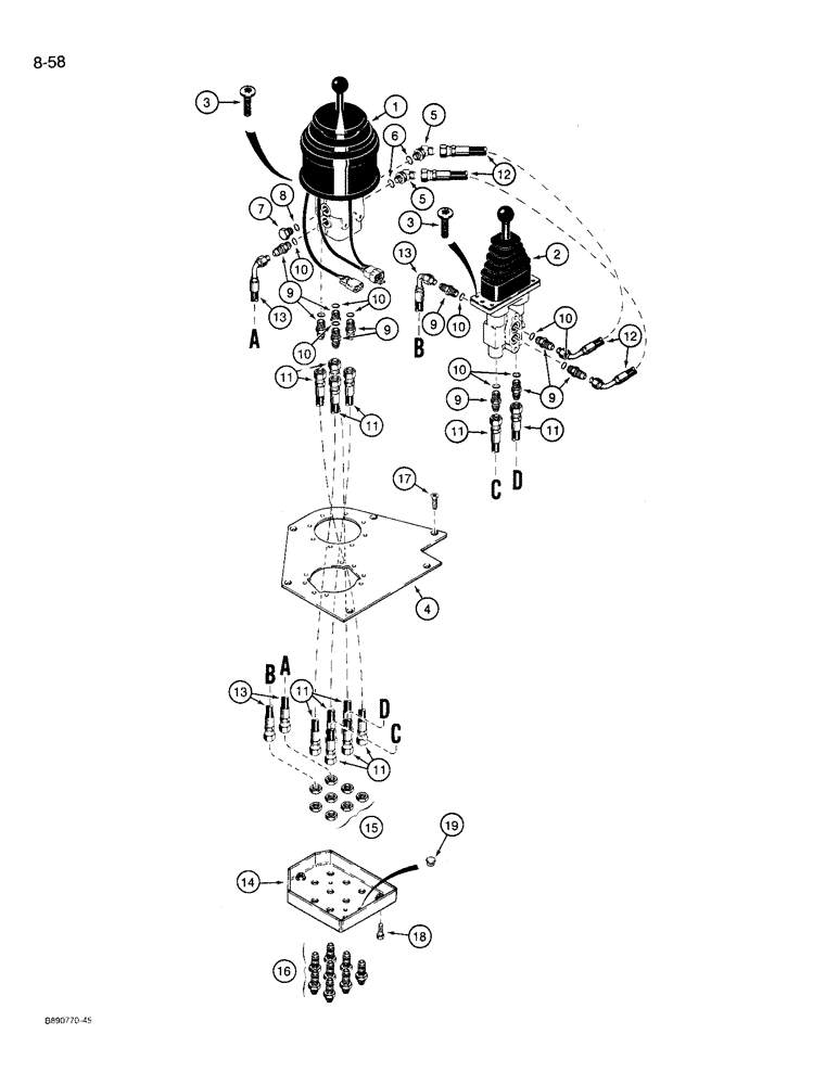 Схема запчастей Case 721 - (8-58) - REMOTE LOADER CONTROL CIRCUIT, TWO LEVERS WITH THREE SPOOL VALVE (08) - HYDRAULICS