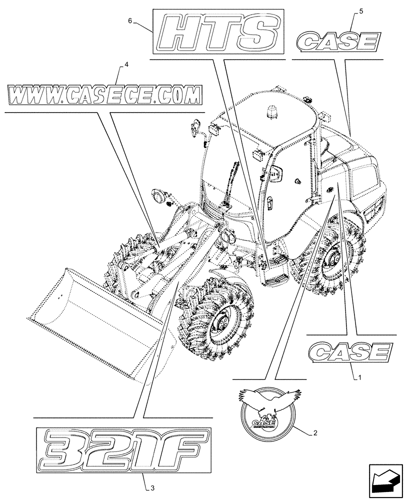 Схема запчастей Case 321F - (90.108.AB[01]) - DECALS, MODEL - END SN NGHP00538 (90) - PLATFORM, CAB, BODYWORK AND DECALS