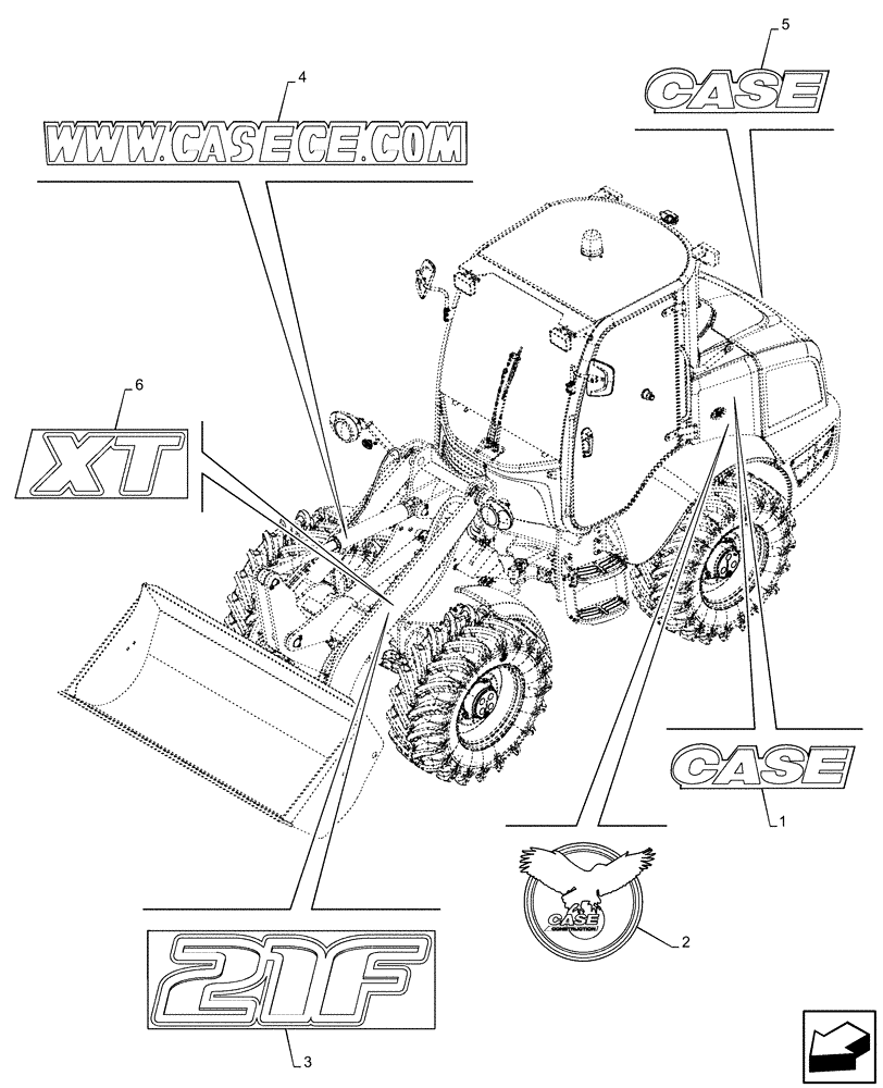 Схема запчастей Case 21F - (90.108.AB[01]) - DECALS, MODEL - END SN NGHP00538 (90) - PLATFORM, CAB, BODYWORK AND DECALS