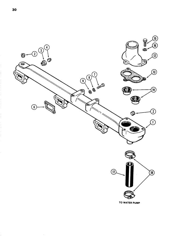 Схема запчастей Case 1280 - (030) - WATER MANIFOLD AND THERMOSTAT, 504BDT DIESEL ENGINE (01) - ENGINE