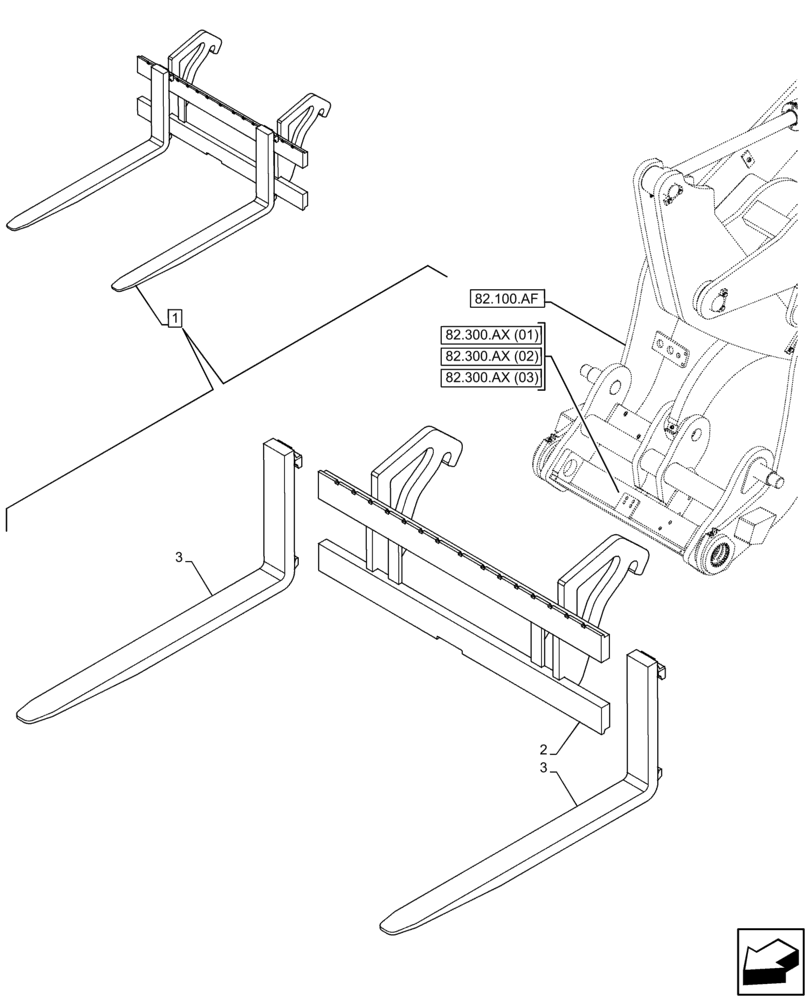 Схема запчастей Case 121F - (82.300.AQ[01]) - VAR - 734573 - FORKS (82) - FRONT LOADER & BUCKET