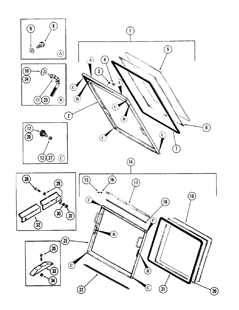 Схема запчастей Case 50 - (091E) - CAB AND ATTACHING PARTS, (UPPER AND LOWER FRONT WINDOWS AND ATTACHING PARTS) (USED ON UNITS WITH CAB (90) - PLATFORM, CAB, BODYWORK AND DECALS