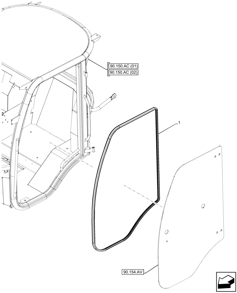 Схема запчастей Case 121F - (90.154.AH) - VAR - 734631, 734632 - CAB DOOR, GLASS SEAL (90) - PLATFORM, CAB, BODYWORK AND DECALS