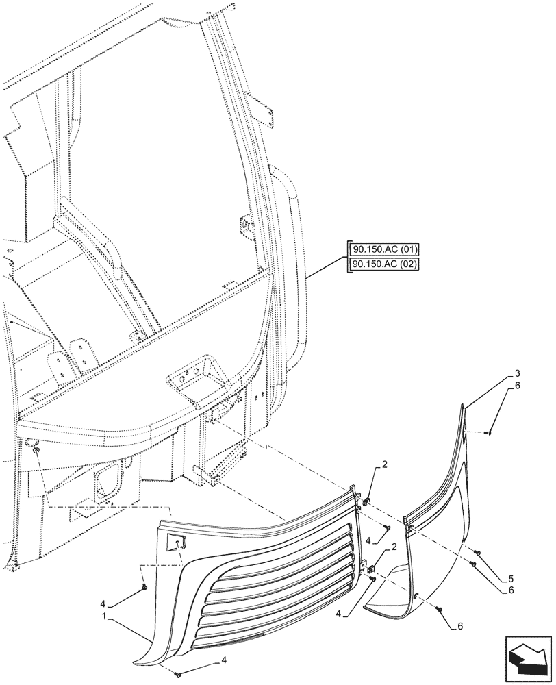 Схема запчастей Case 121F - (90.150.AD) - VAR - 734631, 734632 - CAB, FRONT, PANEL (90) - PLATFORM, CAB, BODYWORK AND DECALS