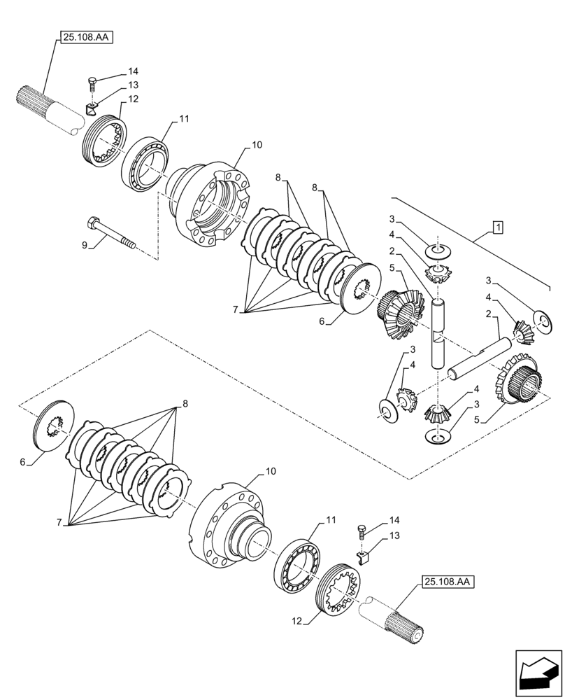 Схема запчастей Case 221F - (25.102.AD[02]) - VAR - 734510, 734513 - FRONT AXLE, DIFFERENTIAL GEAR (WITH DISK) (25) - FRONT AXLE SYSTEM